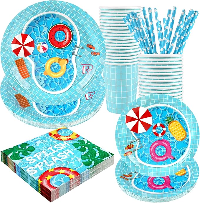Pool Party Supplies Decorations, Disposable Summer Kids Birthday Paper Plates and Napkins Set with Cups and Straws for 24 Guests, 120 Pcs Beach Party Dessert Dinnerwares