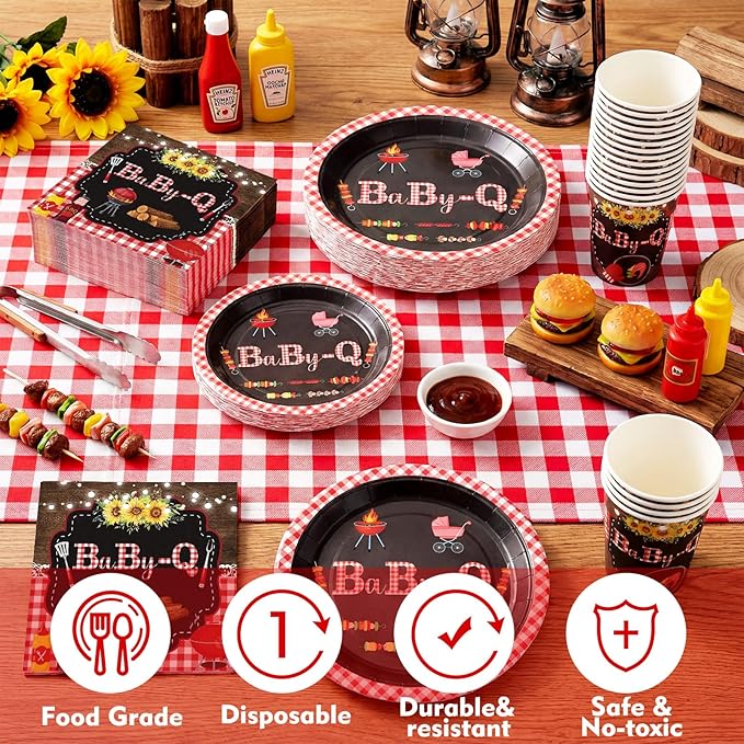 Hushee 200 Pcs BBQ Baby Shower Paper Plates Cups Napkins Party Supplies Tableware Set Disposable Cup Napkin for 50 Guest Party Decoration