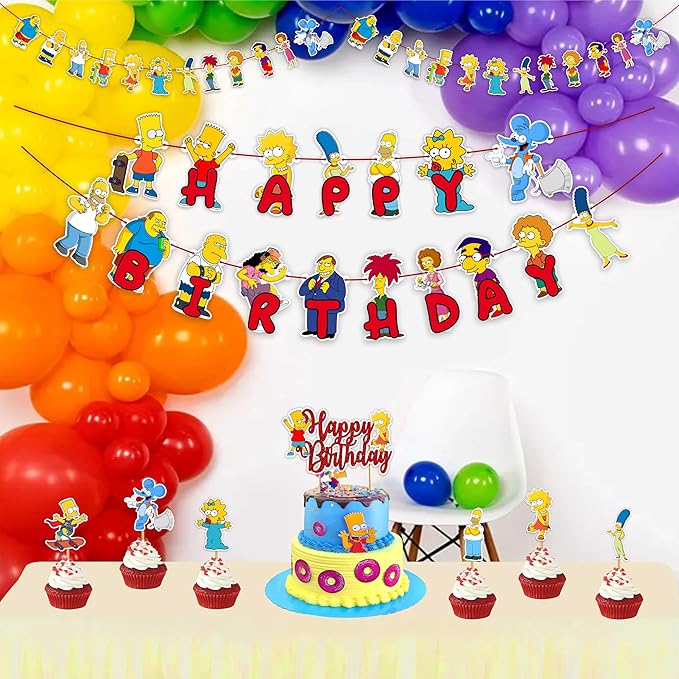 "Brt Simpson Theme Birthday Party Supplies – Complete Decoration Set with Happy Birthday Banner, Cake Topper, Cupcake Toppers, Table Décor, Garland – Cartoon Birthday Party Decoration"