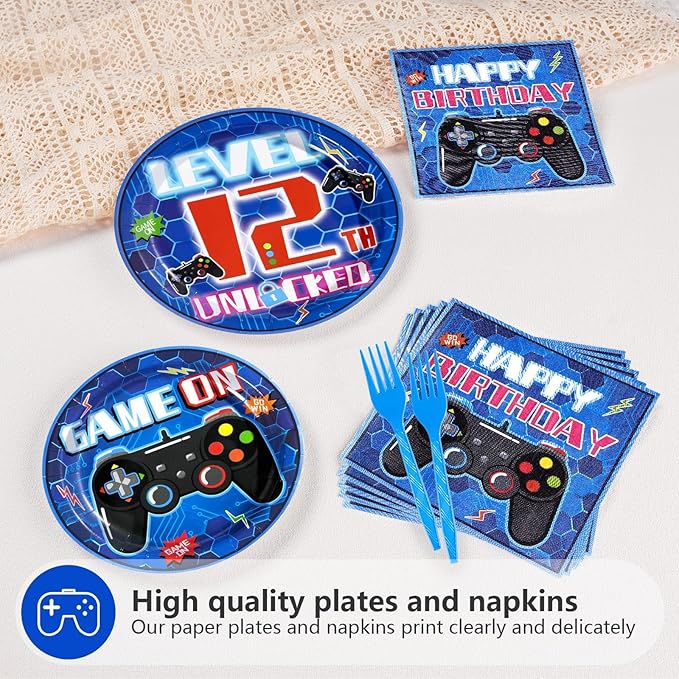 Grencian 96 Pcs 12th Video Game Birthday Party Decorations Blue Video Game Level 12 Birthday Plates and Napkins Tableware Sets for Boys 12 Years Old Gamer Gaming Party Supplies Favors Serves 24
