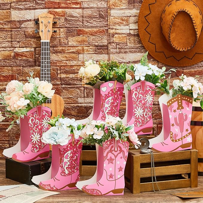 12 Set Western Cowgirl Boots Flower Boxes Centerpiece Boot Shape Gift Boxes Party Decoration Vase Centerpieces for Tables for Rodeo Birthday Baby Shower Wedding Supplies