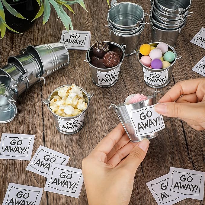 24 Set Street Theme Party Supplies Cartoon Party Mini Buckets with Go Away Stickers Funny Treat Pails Cookie Candy Holders Street Birthday Decors for Birthday Baby Shower Classroom Favors