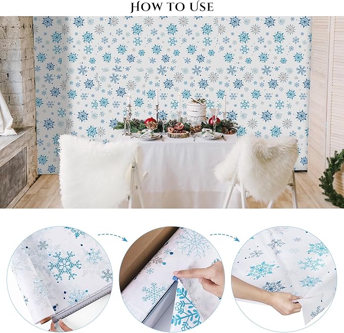 Kochorie 100 Ft x 54 Inch Christmas Snowflake Printed Tablecloth Roll with Cutter Box Disposable Blue and White Winter Snowflake Backdrop Cut to Size Table Cover for Frozen Birthday Party Supplies