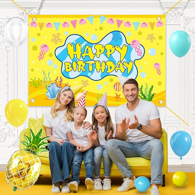 Cartoon Sponge Balloon Arch Kit-Blue Green Yellow Balloons Birthday Decorations For Boys girl,Party Decor Supplies Girls Including Happy Birthday Backdrop