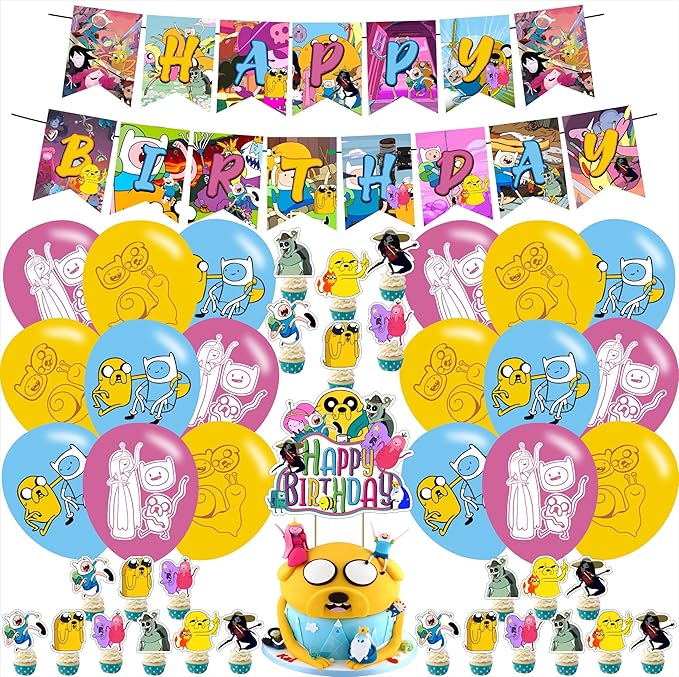 Time Of Adventure Party Decorations,Cute Cartoon Time Of Adventure Birthday Party Supplies For Party Supplies Includes Banner - Cake Topper - 24 Cupcake Toppers - 18 Balloons