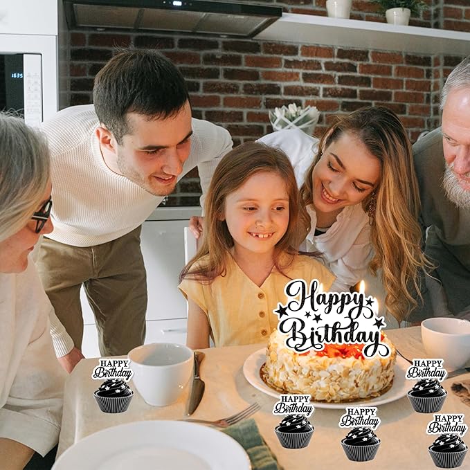 Black Silver Birthday Decorations for Men,Fringe Curtains Happy Birthday Banner,Red balloons,Cake Toppers for Boys