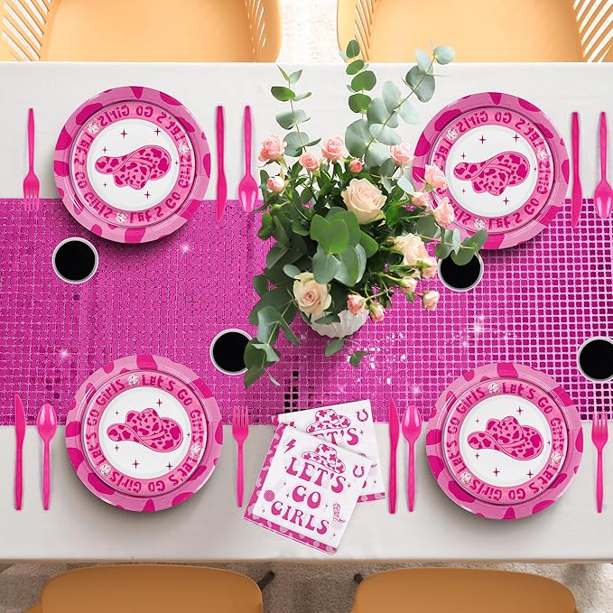 durony 176 Pieces Let's Go Girls Decorations Disco Cowgirl Party Supplies Let's Go Girls Hot Pink Table Runner Paper Plates Cups for Bachelorette Cowgirl Disco Party, Serve 25 Guests