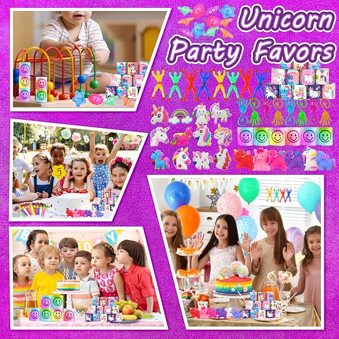 Unicorn Party Favor Goodie Rainbow Elastic Ball Bracelets Stickers Gifts Pinata Filler Bulk Toys for Unicorn Party Girl Kid Birthday Party Stuffers Supplies (Style 01)