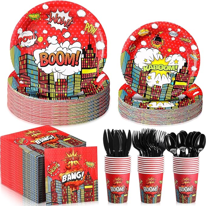 Zhehao 210 Pcs Christmas Hero Party Supplies Serves 30, Hero Themed Paper Plates Napkins Cups and Tableware Sets for Birthday Baby Shower Party Supplies Decor (Red)