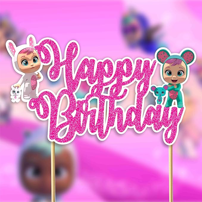 Cri Babes Happy Birthday Cake Topper -Cute Doll Style Theme Design, Colorful Party Cake Decoration for Birthday Celebration, Sweet Character Dessert Table Display, Photo Prop, Cake Centerpiece.