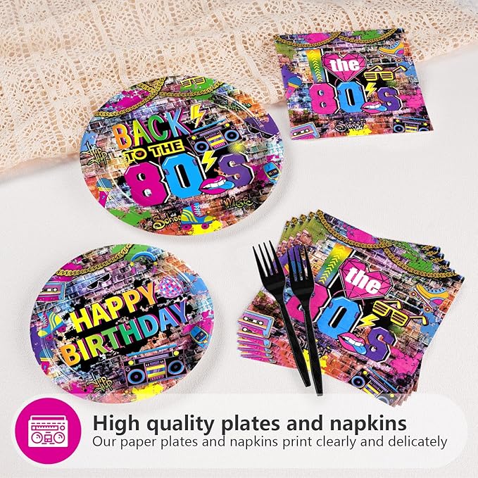 Grencian 96Pcs 80's Party Decorations Back to The 80s Plates and Napkins Disposable Hip Hop Graffiti Wall 80's Birthday Paper Tablewarefor 80s Retro Music Birthday Party Supplies, Serves 24