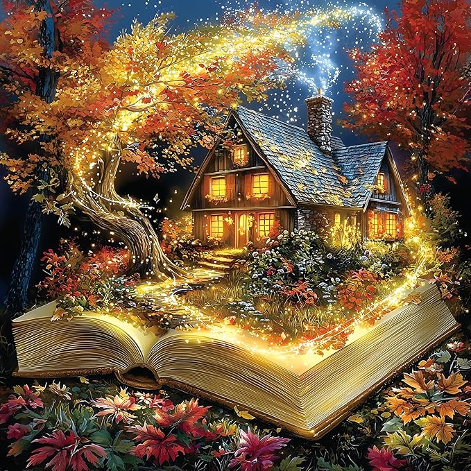 Magical Open Book Autumn Cottage 500 Piece Jigsaw Puzzle for Adults, Fantasy Fall Cabin Glowing Tree Jigsaw Puzzle, Gift for Book & Autumn Lovers 20x20 Inches