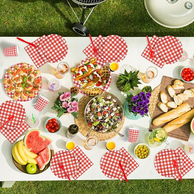 168Pcs Red Gingham Party Decorations Red and White Checkered Buffalo Plaid Plates Napkins Cups Forks Knives Spoons Tableware Set for Summer Pizza BBQ Picnic Baby Shower Birthday Party Supplies Serve24