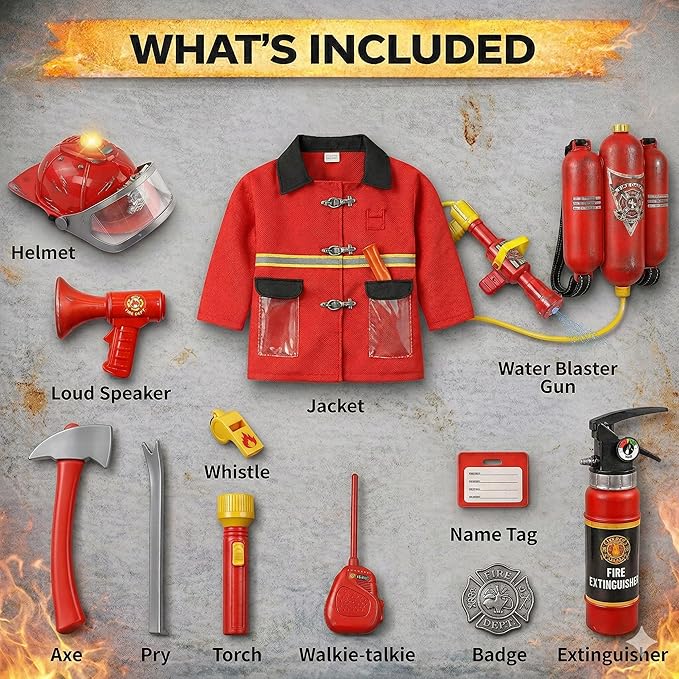 12 Piece Kids Fireman Costume Gear Firefighter Chief Dress Up Clothes for Role Play Toy Set with Backpack Water Gun, Fire Extinguisher and Accessories