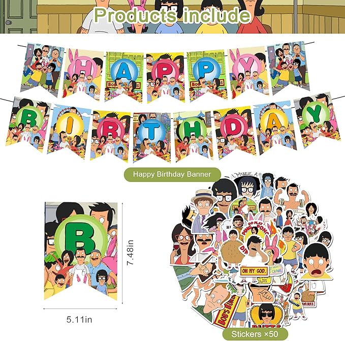Bobs Burgers Party Decorations - Birthday Supplies with Banner, Cake Topper, 12 Cupcake Toppers, 18 Balloons, 50 Stickers