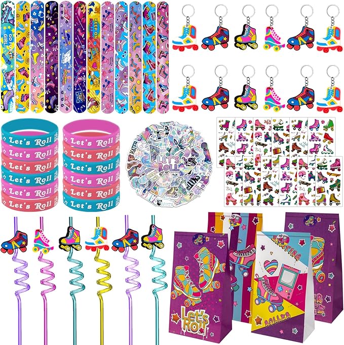 134 Pcs Roller Skate Party Favors Set with Straws Keychains Slap Bracelet Tattoo Roller Skate Stickers Wristbands Goodie Bags Roller Skating Party Supplies Skate Party Decorations