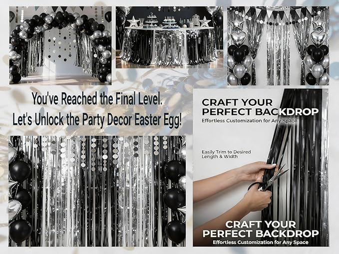 3 Packs Black and Silver Foil Fringe Curtains, Birthday Decorations Backdrop Graduation Tinsel Steamer, Retirement Farewell Engagement Wedding Bridal Shower Party Decorations