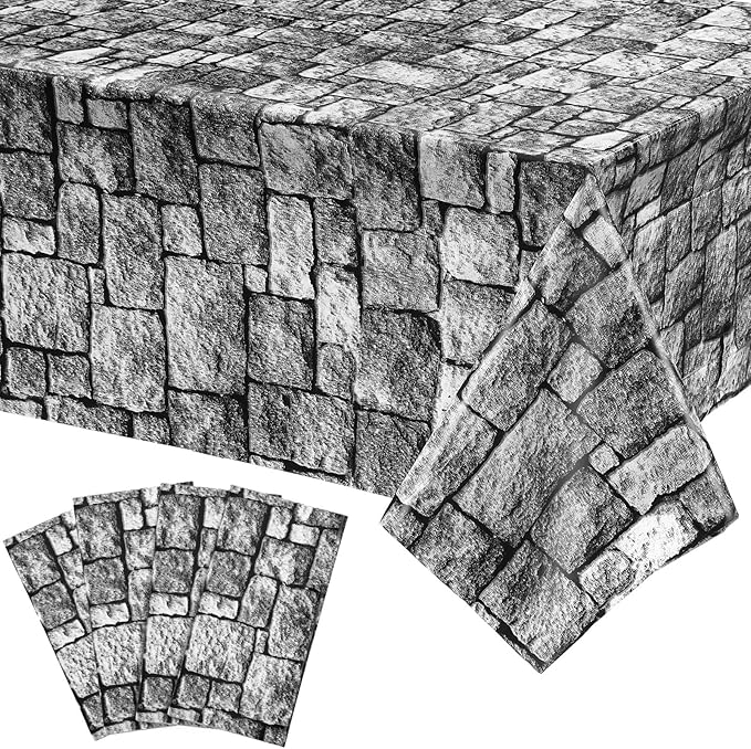 Irenare Halloween Stone Wall Tablecloths, Medieval Castle Party Decorations Supplies Disposable Plastic Brick Stone Tablecloth Brick Wall Table Covers for Birthday Party Favors(4 Pack,108 x 54 Inch)