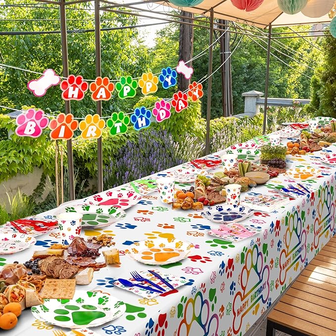 Gejoy 96pcs Dog Birthday Party Decorations Set Include Dog Print Plates Knives Forks Spoons Napkins Puppy Paw Tableware for Puppy Theme Party Supplies Kit(Bright Color)