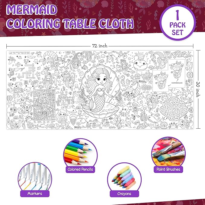 Mermaid Coloring Tablecloth for Kids, 30x72 Inch Poster with Mermaids, Seashells, Underwater Scenes, Idea for Mermaid Party Games for Girls, Sea Decorations, Classroom Fun, Event Supplies