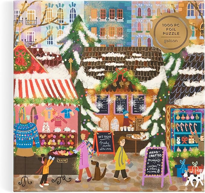 Galison Merry Market – 1000 Piece Foil Joy Laforme Jigsaw Puzzle Featuring Merry and Festive Outdoor Market for The Holidays with Gold Foil Accents