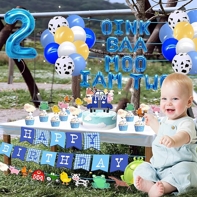 Oink Baa Moo Im Two Birthday Boy,Farm Animal 2nd Birthday Party Decorations Boy,2nd Birthday Party Decorations Boy.Blue 2nd Truck Birthday Party For Boy
