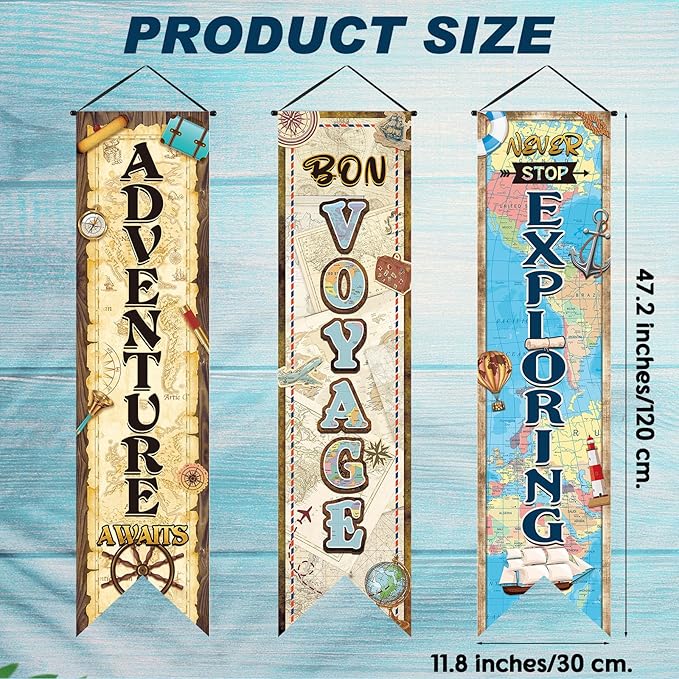 3 Pieces Travel Themed Party Decorations Adventure Awaits Banners Vintage Bon Voyage Porch Signs for Indoor Outdoor Graduation Retirement Hanging Backdrops Going Away Farewell Party Decor