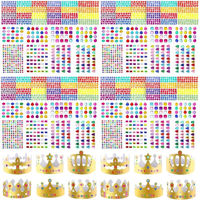 152 Pcs Paper Crowns for Kids Boys Girls Adults Princess Prince King, Classroom Crown, Birthday Party Hats with Gold Gem Jewels Number Letter Stickers, DIY Decor Favor Supplies