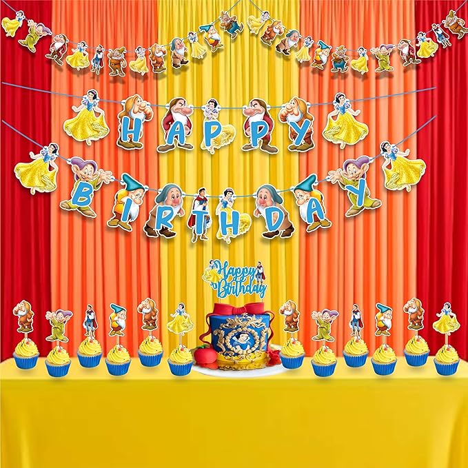 "Snow White and the Sevn Dwafs Theme Birthday Party Supplies – Princess Fairy Tale Decorations for Girls Birthday and Magical Celebrations – Includes Cake Toppers, Banners, Cupcake Picks & Garland"