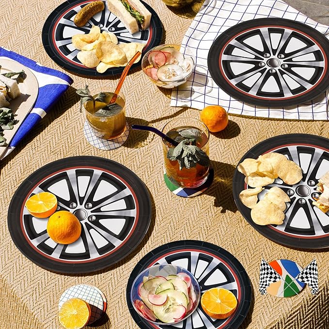 CANREVEL 96 PCS Race Car Birthday Party Plates Serve 24, Racing Car Plates and Napkins Forks Set, Disposable Tableware for Race Cars Party Supplies Decorations, Race Car Plates for Boys Kids Men