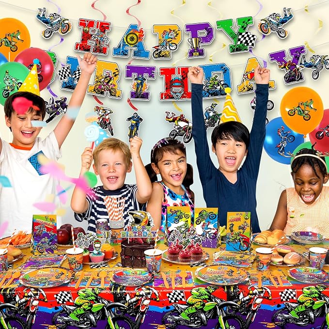Dirt Bike Party Supplies, Includes Happy Birthday Banner, Plate, Napkin, Cups, Cake Toppers, Hanging Swirls, Tablecloth, for Kids Boys Girls Motorcycle Extreme Sports Birthday Decorations, Serve 20