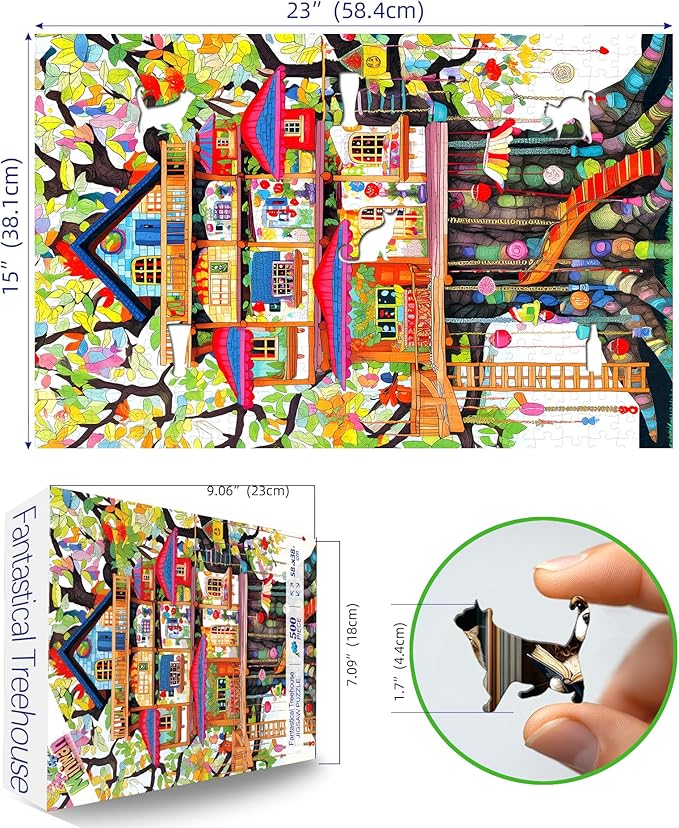 Whimsical Treehouse Escape 500 Piece Jigsaw Puzzle for Adults Colorful Fantasy Art Illustration Fun Challenging Family Game, Premium Quality, Vibrant Nature-Themed Puzzle (15x23 in)