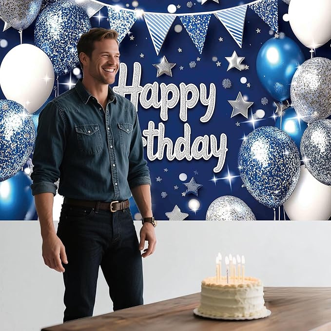 Blue Silver Birthday Party Backdrop Blue Silver Balloon Star Happy Birthday Banner Photography Background for Men Home Decorations Party Supplies 70.8 x 47.2 Inch