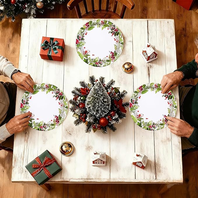 50Pcs Christmas Paper Plates 10" Watercolor Holly Plates Disposable Mistletoe Berry Platter Dinner Tableware Christmas Party Decorations for Seasonal Winter Holiday Party Supplies