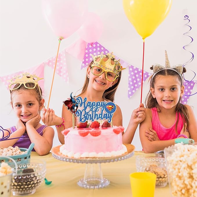 Suprmn Happy Birthday Cake Topper – Theme Party Decoration for Boys – Premium Quality Glitter Cake Topper for Birthday Cake, Birthday Party Supplies, Cartoon Character Party Decor