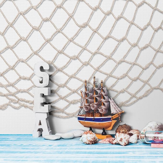 Unittype 6 Pack Fish Net Decorative and Tablecloth Set, Cotton Fishnet and Plastic Table Cover Decorations Set for Nautical Themed Party Baby Shower Pirate Decorations Mermaid Party Supply (White)