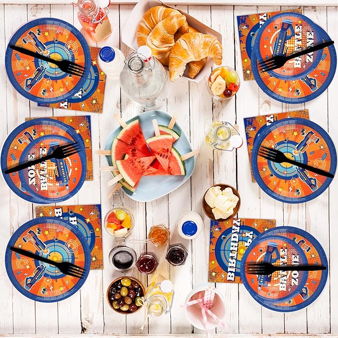 96 Pcs Dart War Plates and Napkins Party Supplies Dart War Themed Birthday Tableware Set Blue and Orange Party Decorations Favors for Kids Boys' Birthday Baby Shower Serves 24