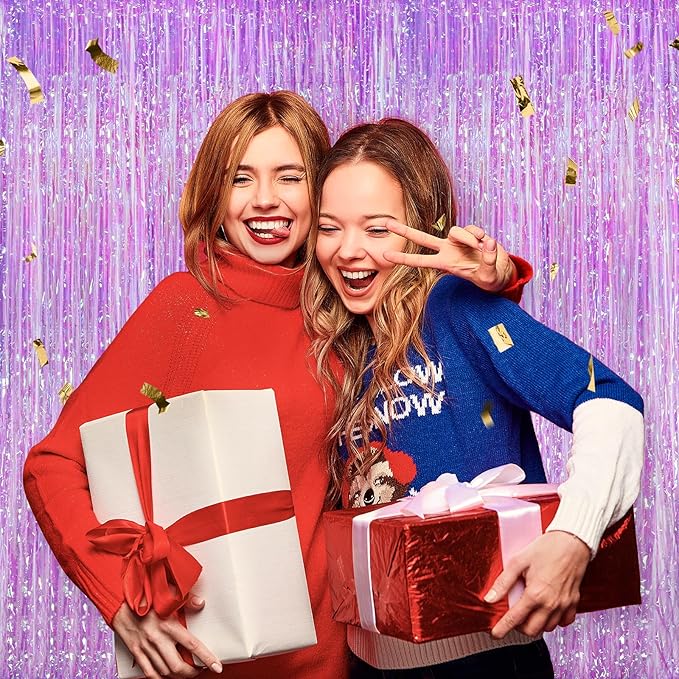 2Pack Iridescent Purple Party Backdrop Decorations,3.3x8.3ft Tinsel Curtain Birthday Decorations Foil Fringe Photo Booth Streamer Backdrop Iridescent Theme Xmas Bachelorette Graduation Party Decors