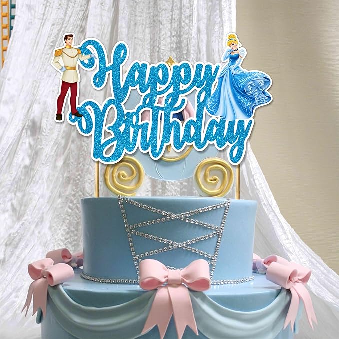"Cnderela Happy Birthday Cake Topper – Princess Theme Birthday Party Supplies – Magical Fairytale Cake Decoration – Perfect Birthday Cake Topper for Princess Party – Reusable Glitter Cake Décor"