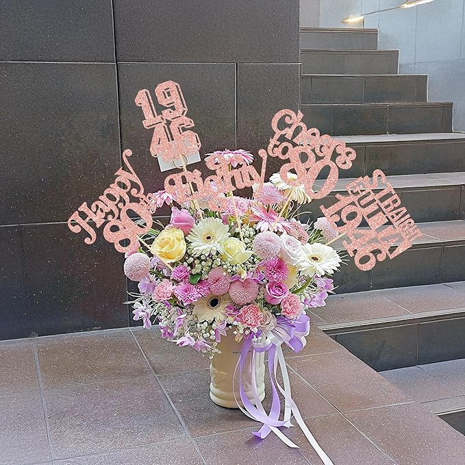 Gyufise 15Pcs Happy 80th Birthday Centerpiece Sticks Eighty Straight Outta 1946 Table Flower Centerpieces Sticks Cheers to 80 Decorations for 80th Birthday Party Supplies Rose Gold