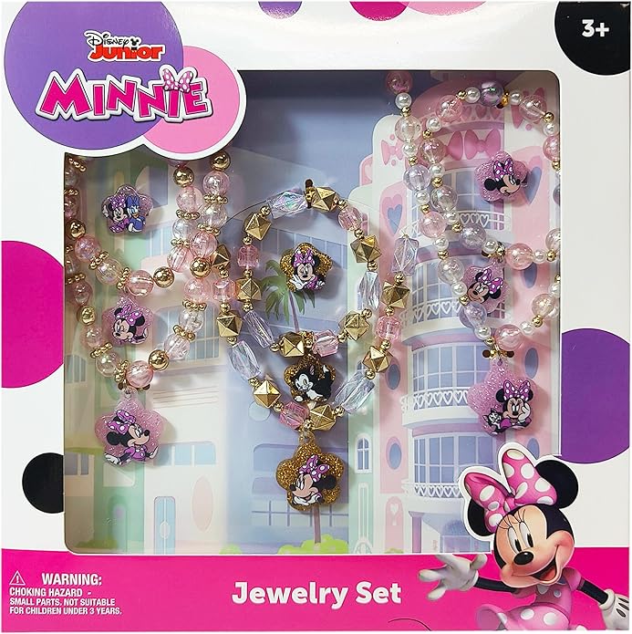 LUV HER Disney Minnie Girls Jewelry Set - Dress up Toy Jewelry Box Sets with Bead Necklace, Bead Bracelet and Ring - Play Accessories - Ages 3+