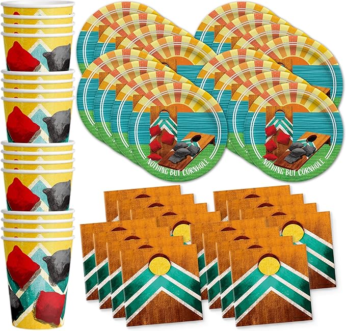 Cornhole Bean Bag Toss Party Supplies - Lake Tableware Set for 16 | Includes Plates, Napkins and Cups
