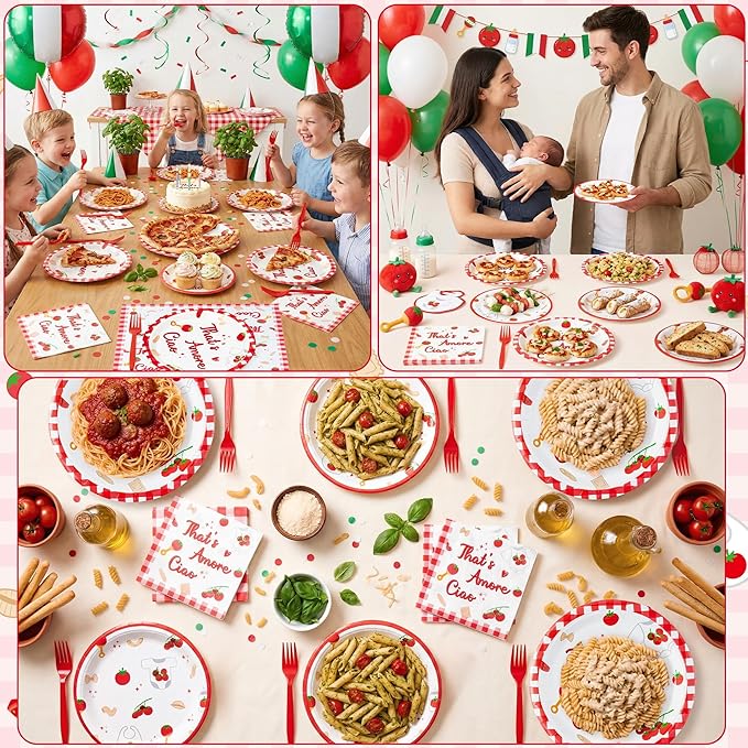 Haooryx Baby Pasta Noodle Party Tableware - 96Pcs Red Tomato Italian Noodle Baby Print Decor Disposable Paper Plates Napkins Plastic Forks for Baby Shower Boys Girls Birthday Party Table Decor Supply