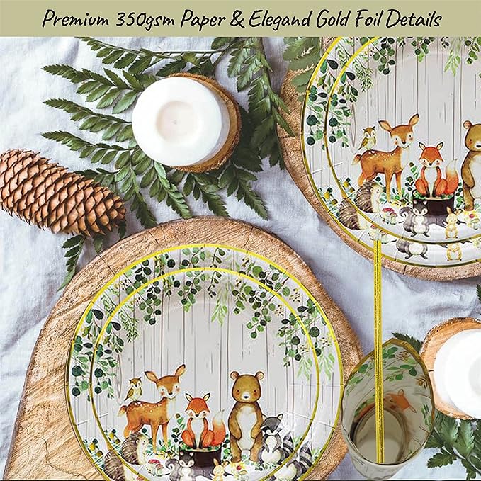121Pc Woodland Baby Shower Decorations For Boy Or Girl, Birthday Party Supplies, Heavy Duty Sage Green Tablecloth, Paper Plates, Napkins, Straws And Cups, Forest Animal Friends Tableware Set Serves 24