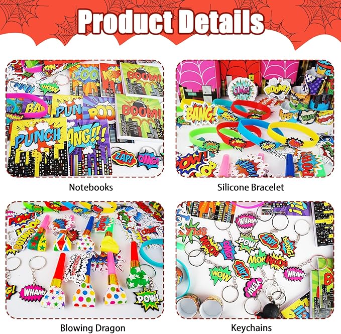 208Pcs Spider Party Favors - 12 Guests Set Include Goodie Box Straw Mini Notebooks Slap Bracelets Keychain Blowers Stickers Sticky hands Toy, for Carnival Classroom Prizes Birthday Party Gift