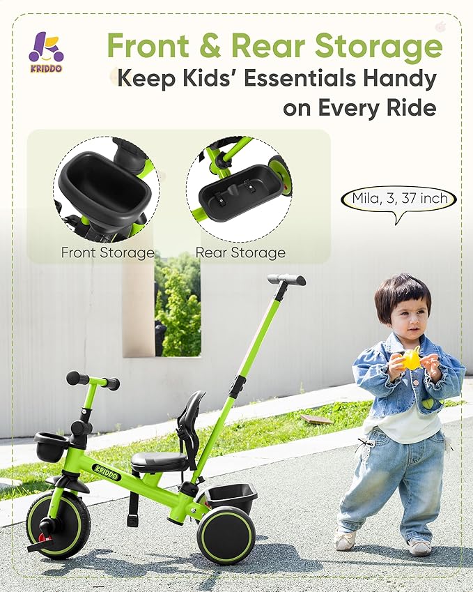KRIDDO 2-in-1 Tricycle for Toddlers 1.5-5 Years, Push Tricycle with Parent Steering & Detachable Handle, 9-Stage Adjustable Handlebar, Toddler Trike with Safety Belt, Clutch Pedals & Dual Baskets, GN