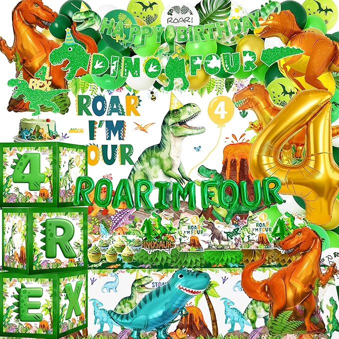 Roar I Am Four Dino 4 Birthday Party Decorations for Boys – Four Rex Themed 4th Birthday Kit Including Banner Backdrop, Tablecloths, Balloon ，Crown And Boxes For 4 Rex Party Supplies