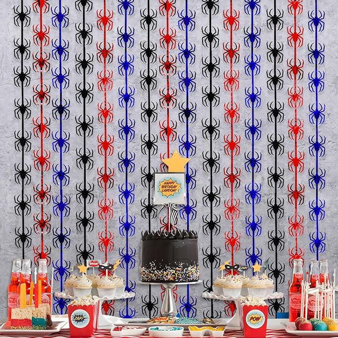 Spider Web Birthday Decorations,2 Pack Red Black and Blue Spider Birthday Party Supplies 3.3 x 6.6ft Tinsel Foil Fringe Curtains Photo Booth Props Backdrop Streamers, House Room Decor for Boys