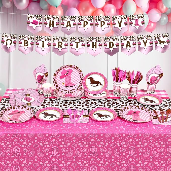 Gejoy 171 Pcs Western Cowgirl Birthday Party Tableware Supplies for 24 Guests Cowgirl Plates Napkins Birthday Banners Tablecloths Cups Knives Forks and Spoons for Party Decoration