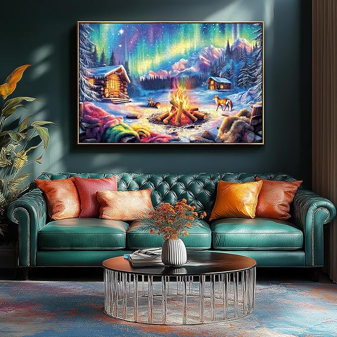 Blueforest 1000 Piece Jigsaw Puzzles for Adults, Northern Lights & Cozy Cabin Winter Bonfire - Impossible Challenging Difficult Puzzle with Aurora, Wildlife & Hygge Gift-Ready Art (27.5"x19.7")